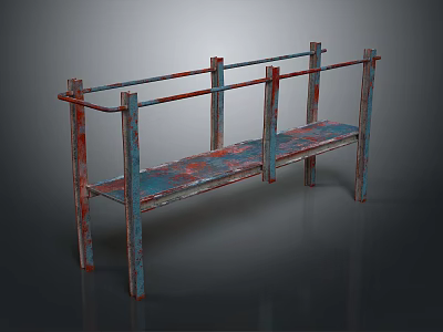 Vintage Industrial Style Bench With Metal Frame And Worn Red Blue Surface 3d model
