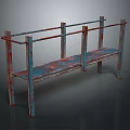 Vintage Industrial Style Bench With Metal Frame And Worn Red Blue Surface