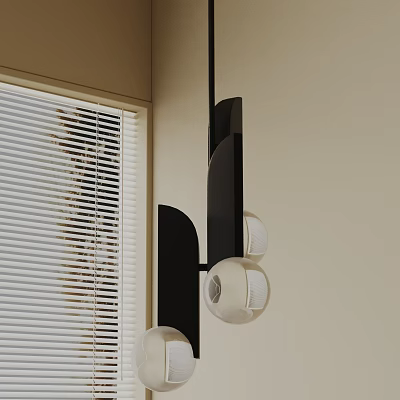 Modern Black Frame Pendant Light With White Spherical Shades And Natural Light Through Blinds 3d model