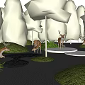Scenic Park Landscape With Spotted Deer Tall Trees Gravel Path Water Rocks And Lush Grass