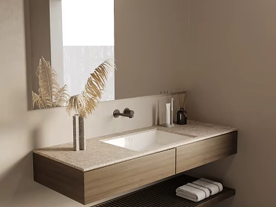 Modern Bathroom With Wooden Countertop Sink Decorative Dried Fern Vase Toiletries And Towel Rack 3d model