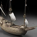 Vintage Wooden Sailing Ship With Tall Masts White Sails And Detailed Deck