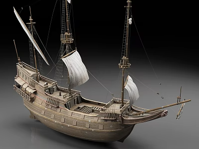 Vintage Wooden Sailing Ship With Tall Masts White Sails And Detailed Deck 3d model