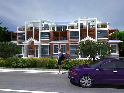 Three Story Townhouse With Brick And Wood Exterior Balconies Lush Greenery Purple Car Parked Roadside 3d model