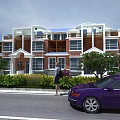 Three Story Townhouse With Brick And Wood Exterior Balconies Lush Greenery Purple Car Parked Roadside