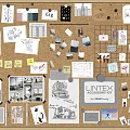 Corkboard Photo Wall with Creative Sketches Notes Charts LINTEX Design Drawings