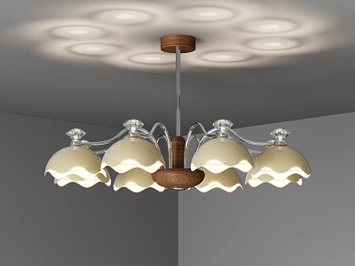 Modern Chandelier With White Scalloped Shades Wooden Metal Frame And Ceiling Light Halos 3d model