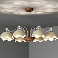 Modern Chandelier With White Scalloped Shades Wooden Metal Frame And Ceiling Light Halos