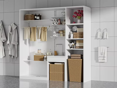 White Open Bathroom Cabinet With Shelves Towel Storage Baskets And Decorative Items 3d model