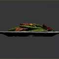 Stir Fried Green Beans with Bacon and Red Chili Peppers on Blue White Patterned Plate