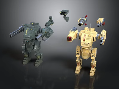 Green And Yellow Mechanical Robots As Characters With Weapon Parts And Cannons 3d model