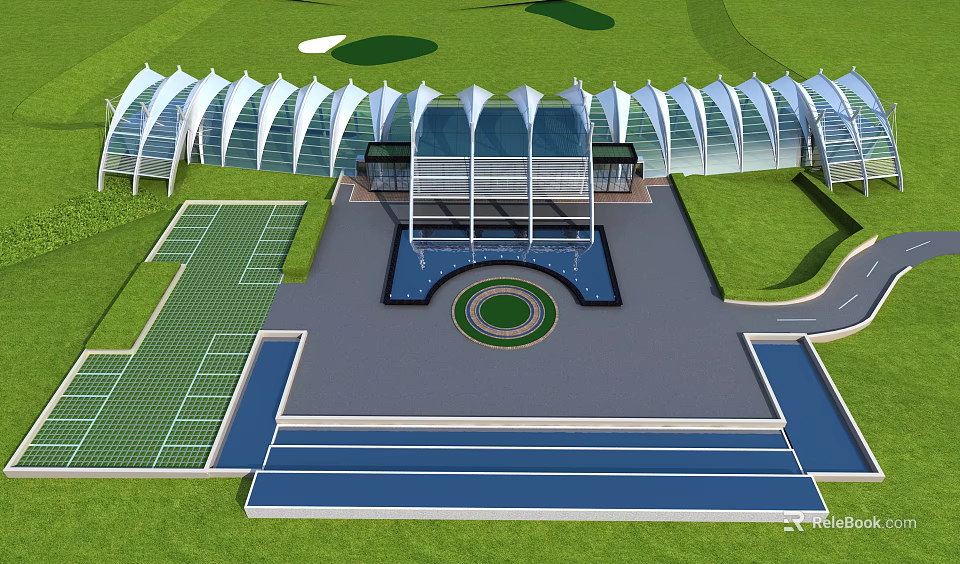 Modern Sports Fitness Complex With Running Track Tennis Courts Stadium And Green Lawn 3d model 