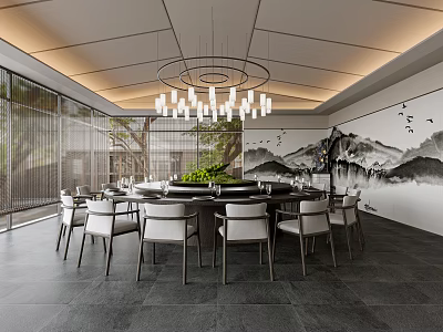 Private Dining Room In Modern Chinese Style With Round Table Chandelier And Murals 3d model