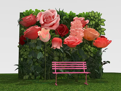 Beautiful Floral Greenery Wall With Colorful Roses And Pink Bench 3d model