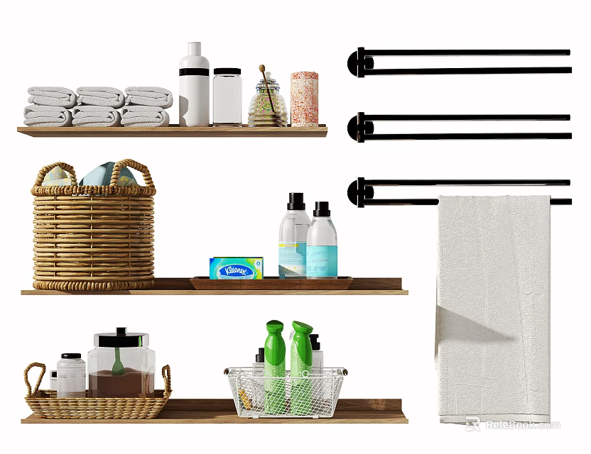 Essential Bathroom Accessories with Folded Towels Toiletries Bottles Wooden Shelves Wicker Baskets Towel Racks 3d model 