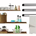 Essential Bathroom Accessories with Folded Towels Toiletries Bottles Wooden Shelves Wicker Baskets Towel Racks