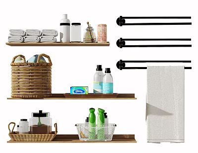 Essential Bathroom Accessories with Folded Towels Toiletries Bottles Wooden Shelves Wicker Baskets Towel Racks 3d model