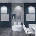 Modern Exhibition Booth Displaying Bathroom Products With Glass Walls Bathtubs Vanities And Tiles