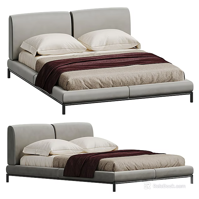 Modern Upholstered Double Bed With Gray Headboard Neutral Pillows And Soft Beige Blanket 3d model