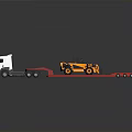 White Heavy Duty Truck Transporting Yellow Forklift On Red Flatbed Trailer