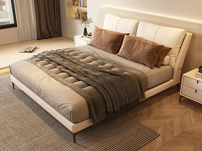 Double Bed with Upholstered Headboard Brown Pillows and Gray Throw Blanket on Wooden Floor with Nightstand 3d model