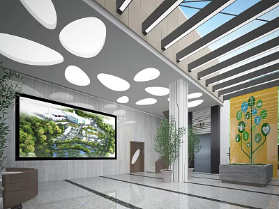 Front Desk Reception Area with Large Screen Green Plants Circular Ceiling Lights Modern Design 3d model