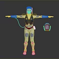 Futuristic Sci Fi Character In Blue White Uniform With Helmet And Outstretched Arms
