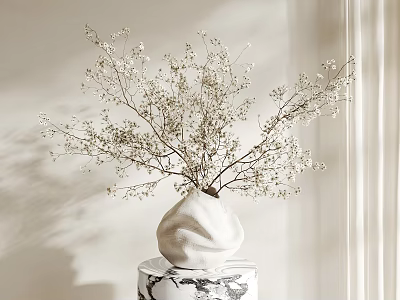 White Vase With White Flower Branches On Black White Patterned Cylindrical Pedestal Light Wall Curtains 3d model