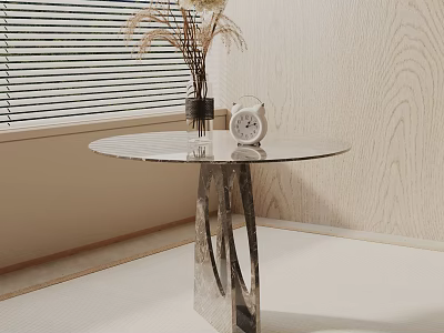 Modern Round Side Table With Glass Top And Metal Legs Featuring Vase And Clock 3d model