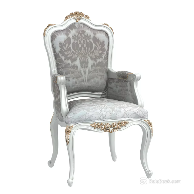 Elegant Accent Chair With Carved Gold Accents And Classic Patterned Fabric 3d model 