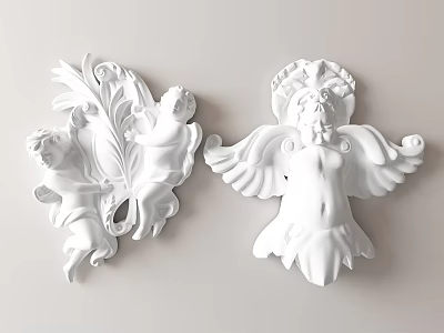 Intricate White Carved Winged Angel And Leaf Decorative Wall Sculptures 3d model