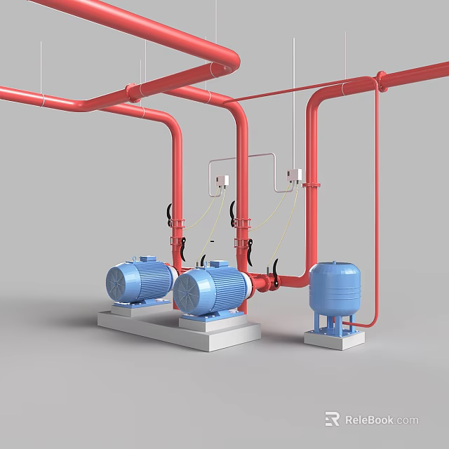 Industrial Equipment System Featuring Red Pipes Blue Pumps And Water Tank 3d model 