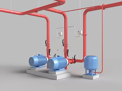 Industrial Equipment System Featuring Red Pipes Blue Pumps And Water Tank 3d model
