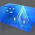 Blue Themed Exhibition Display With Illuminated Triangle Cloud Decor Red Frame And Chao Character 3d model