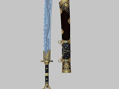 Ornate Decorative Sword With Blue Blade Design Black Scabbard And Gold Patterns 3d model