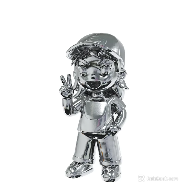 Silver Cartoon Character Statue Wearing Hat Making Peace Sign Gesture 3d model 
