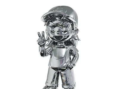 Silver Cartoon Character Statue Wearing Hat Making Peace Sign Gesture 3d model