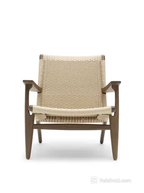 Modern Leisure Chair With Walnut Wooden Frame And Beige Woven Seat Design 3d model 