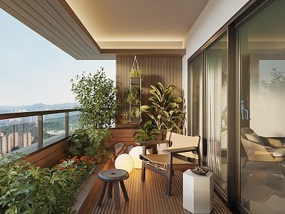 Modern Home Balcony Design With Lush Green Plants Comfortable Seating And Wooden Flooring 3d model