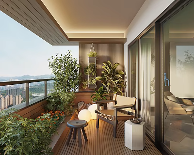 Modern Home Balcony Design With Lush Green Plants Comfortable Seating And Wooden Flooring 3d model