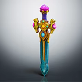 Fantasy Decorative Sword With Pink Gemstones Golden Accents And Blue Blade
