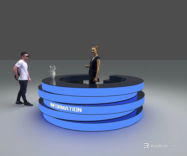 Blue Circular Information Desk With Two People Standing Nearby 3d model 