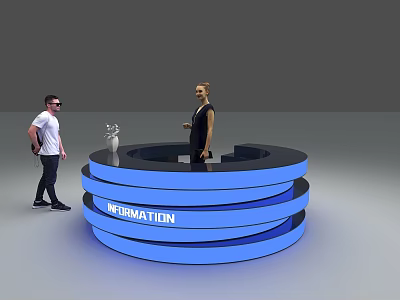 Blue Circular Information Desk With Two People Standing Nearby 3d model