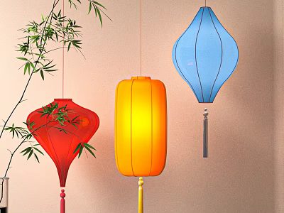 Colorful Hanging Lanterns in Red Yellow Blue with Bamboo Branch Decor 3d model