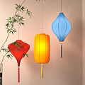 Colorful Hanging Lanterns in Red Yellow Blue with Bamboo Branch Decor