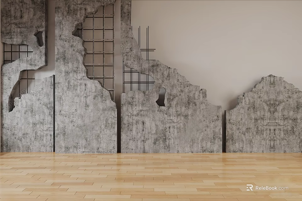 Grey Damaged Wall With Grid Structure And Wooden Floor In Interior Space 3d model 