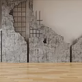 Grey Damaged Wall With Grid Structure And Wooden Floor In Interior Space