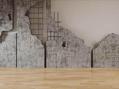 Grey Damaged Wall With Grid Structure And Wooden Floor In Interior Space 3d model