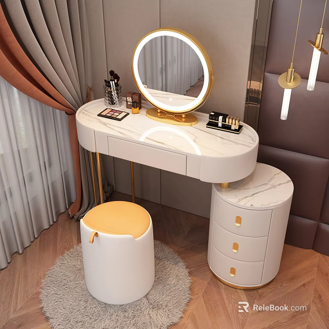 Elegant White Dressing Table With Marble Top Gold Accents Round Mirror And Yellow Cushioned Stool 3d model 