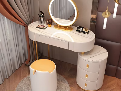 Elegant White Dressing Table With Marble Top Gold Accents Round Mirror And Yellow Cushioned Stool 3d model